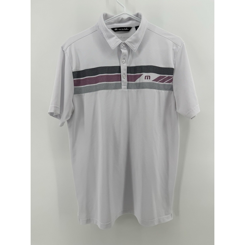 Travis Mathew Men's Polo Shirt M White Gray Striped Collared Logo Knit Golf